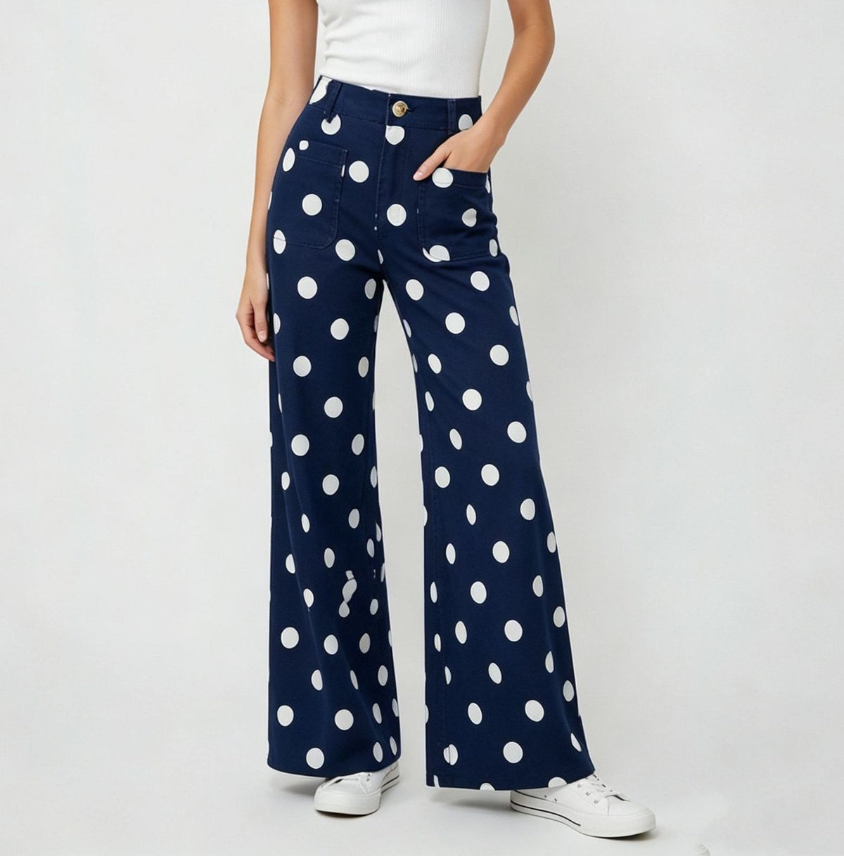 Polka Dot Wide Leg High Waist Jeans - DarkBlue - 2