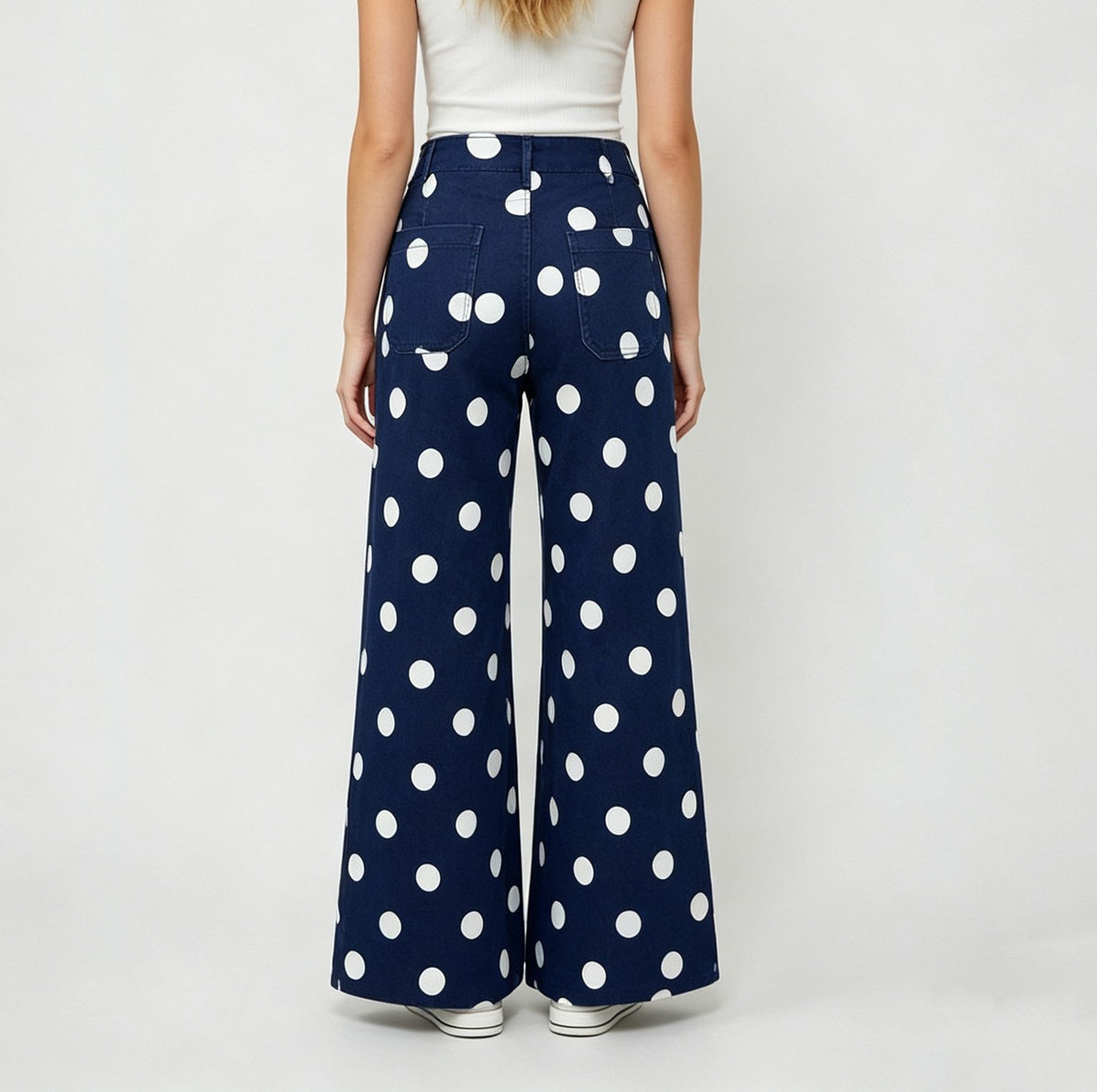 Polka Dot Wide Leg High Waist Jeans - DarkBlue - 3