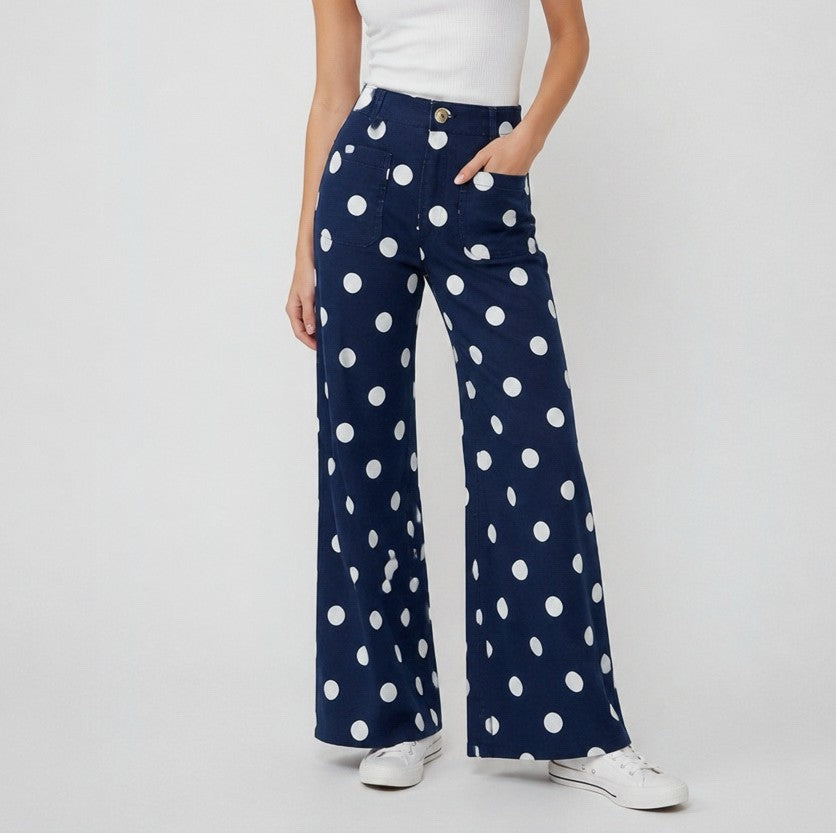 Polka Dot Wide Leg High Waist Jeans - DarkBlue - 4