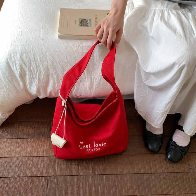 Embroidered Canvas Hobo Shoulder Bag - Red