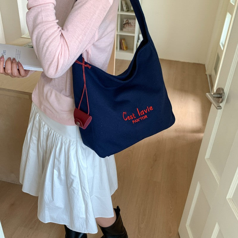 Embroidered Canvas Hobo Shoulder Bag