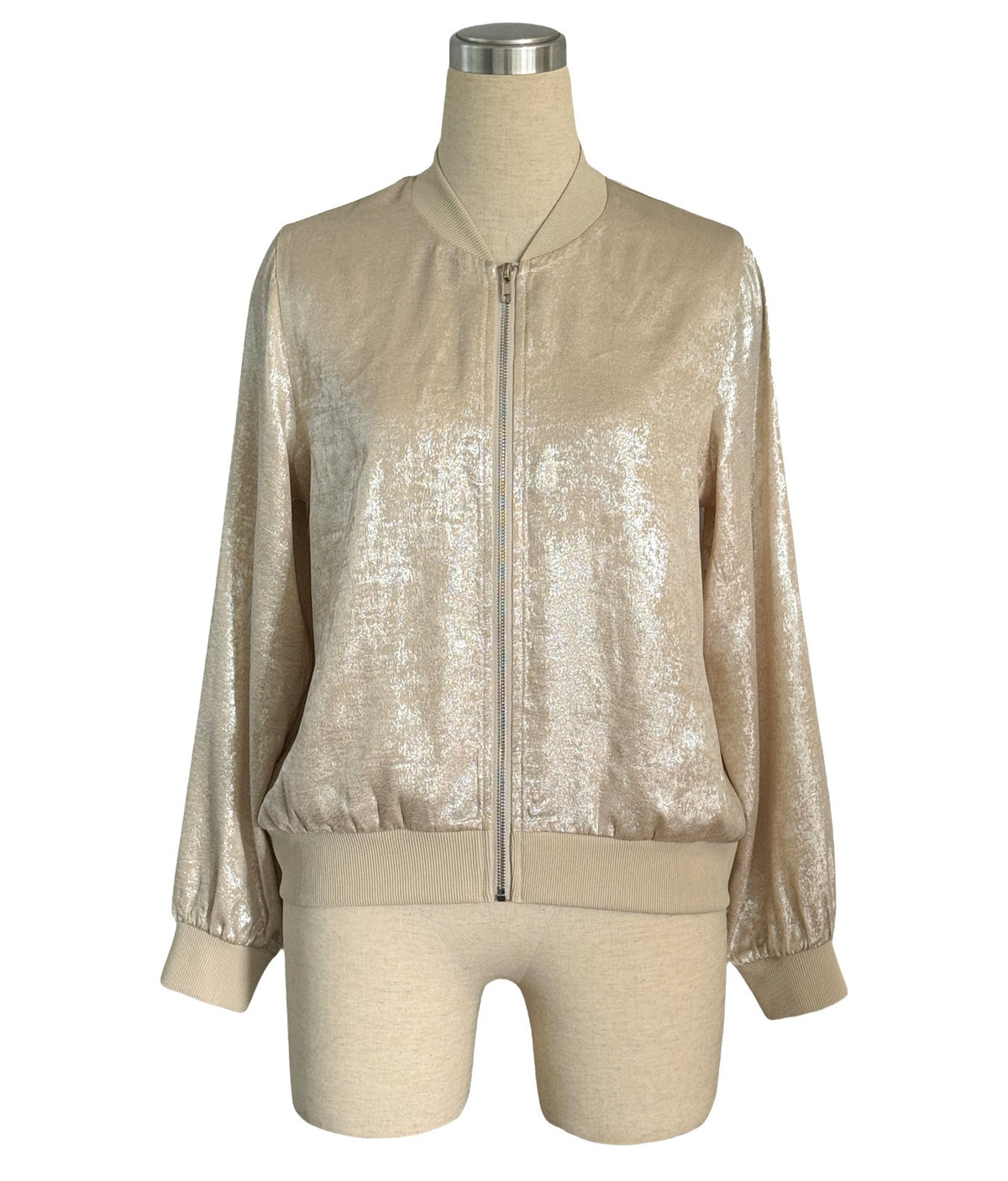 Shimmer Velvet Zip Front Bomber Jacket - Gold