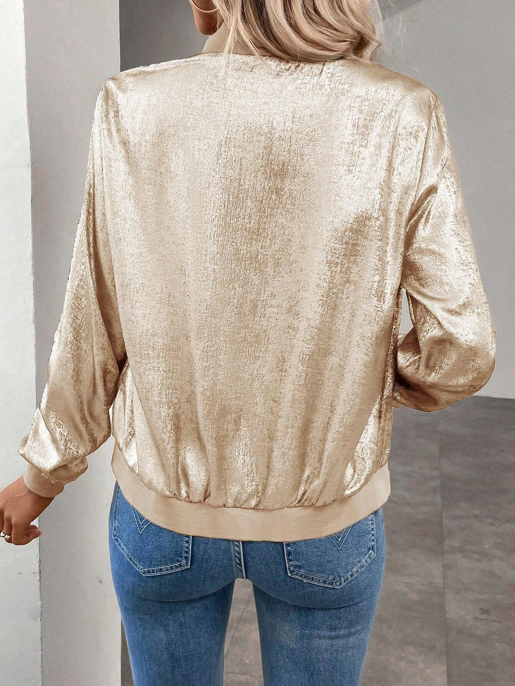 Shimmer Velvet Zip Front Bomber Jacket - Gold - 2