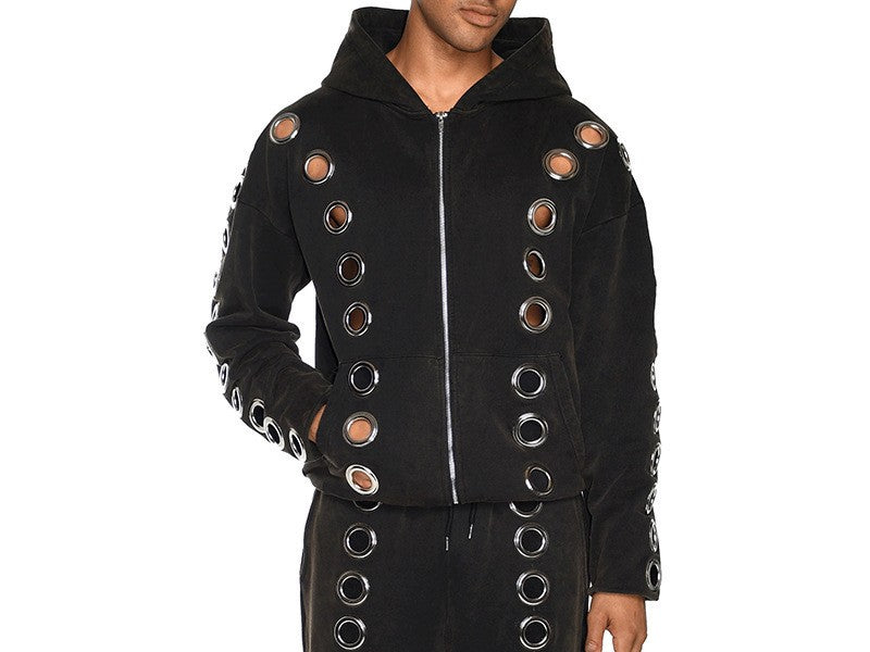 Grommet Cutout Zip Front Streetwear Hoodie - Black