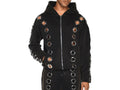 Grommet Cutout Zip Front Streetwear Hoodie - Black