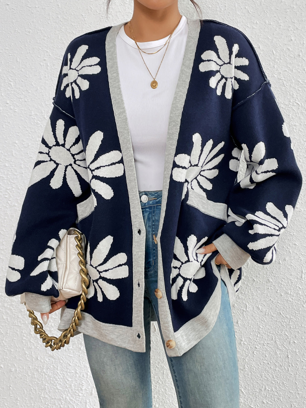 Retro Daisy Jacquard Oversized Cardigan - Darkblue