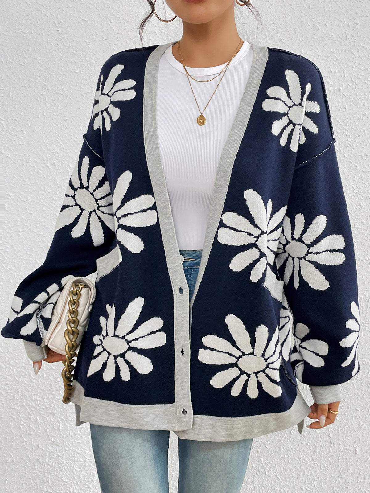 Retro Daisy Jacquard Oversized Cardigan - Darkblue - 1