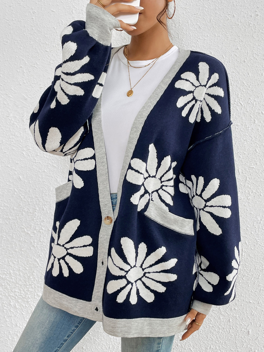 Retro Daisy Jacquard Oversized Cardigan - Darkblue - 3