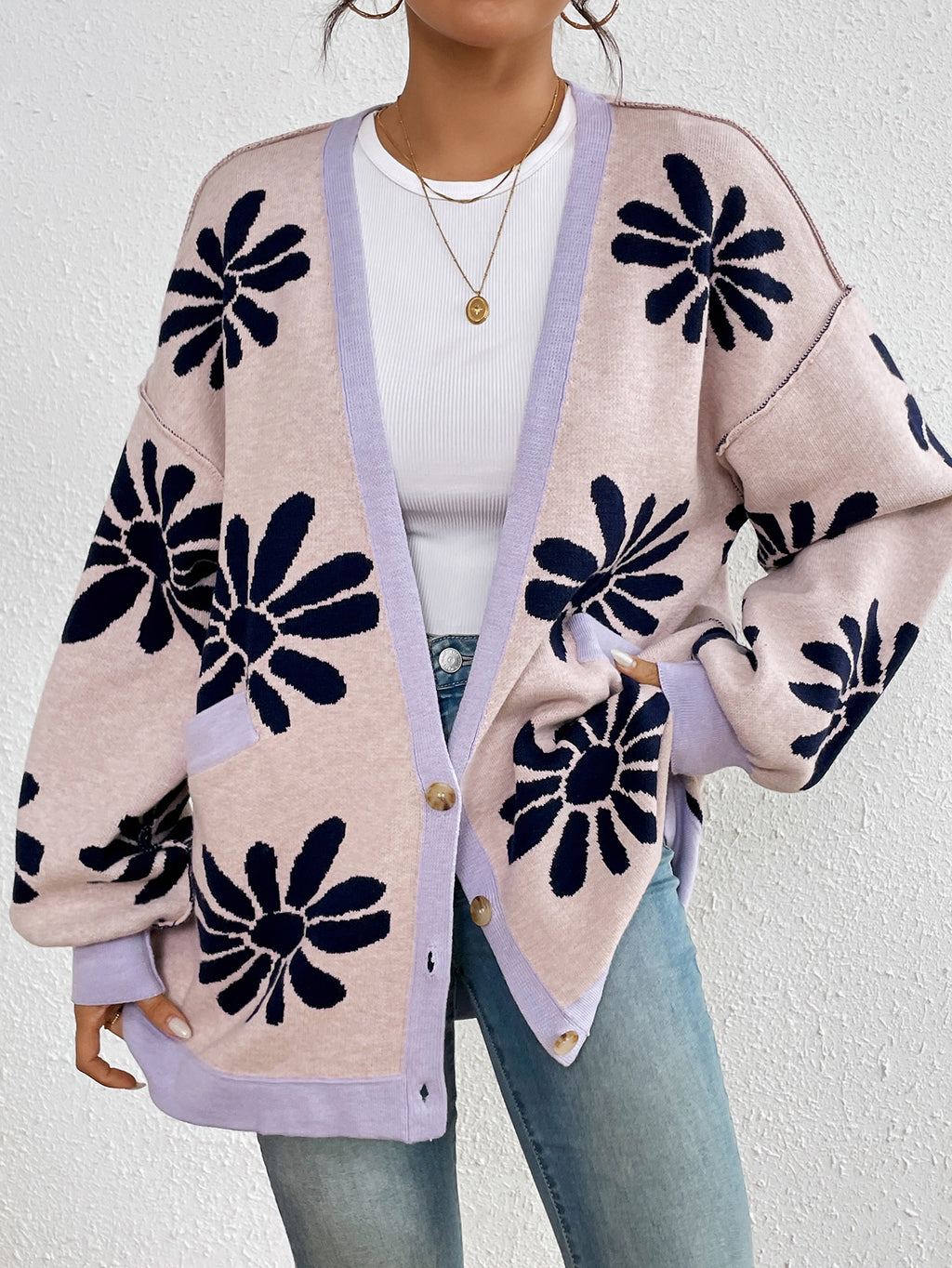 Retro Daisy Jacquard Oversized Cardigan - Pink