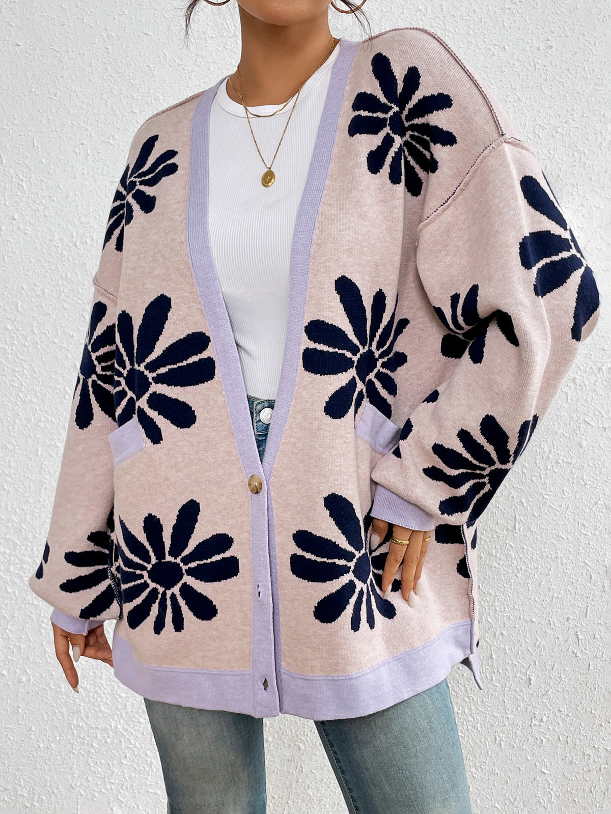 Retro Daisy Jacquard Oversized Cardigan - Pink - 1