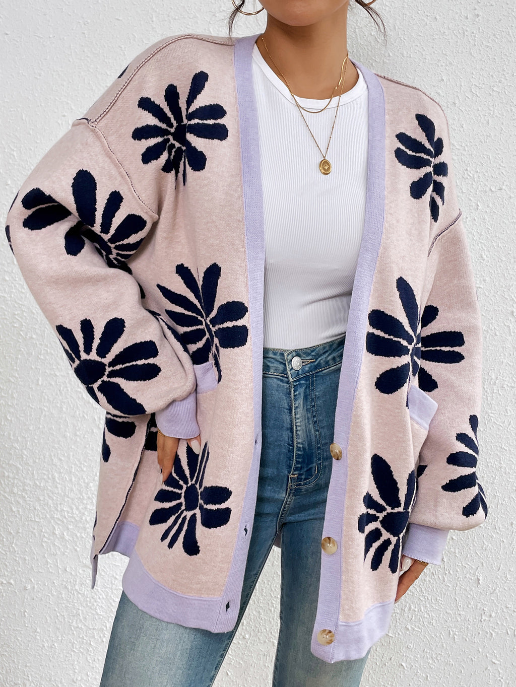 Retro Daisy Jacquard Oversized Cardigan - Pink - 2