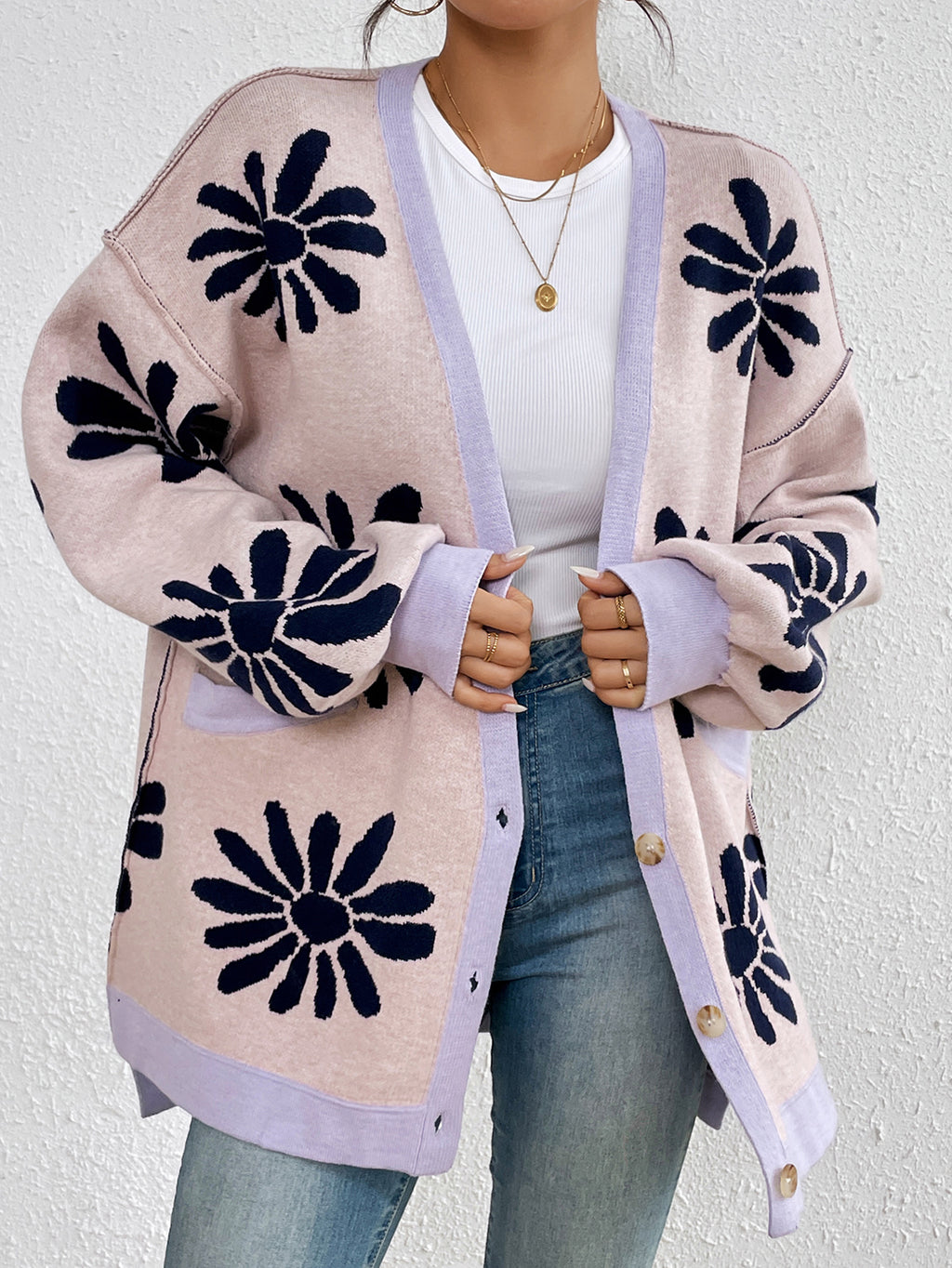Retro Daisy Jacquard Oversized Cardigan - Pink - 3