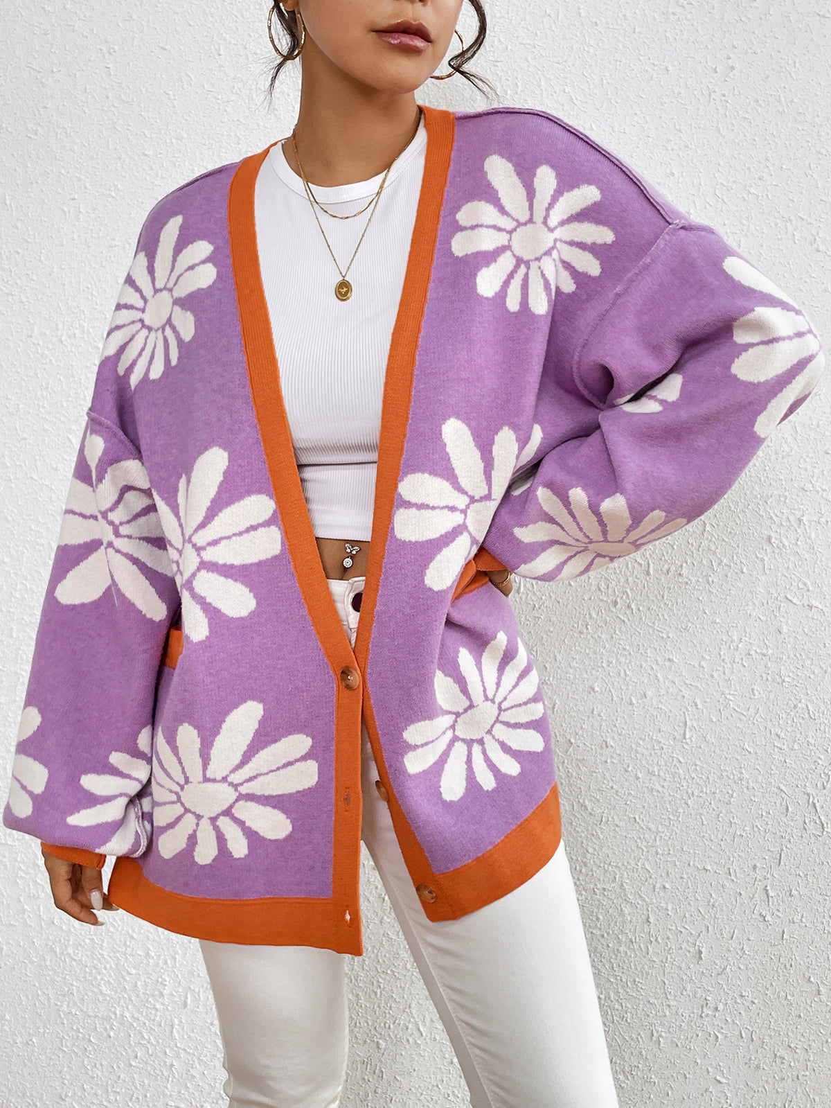 Retro Daisy Jacquard Oversized Cardigan - Purple