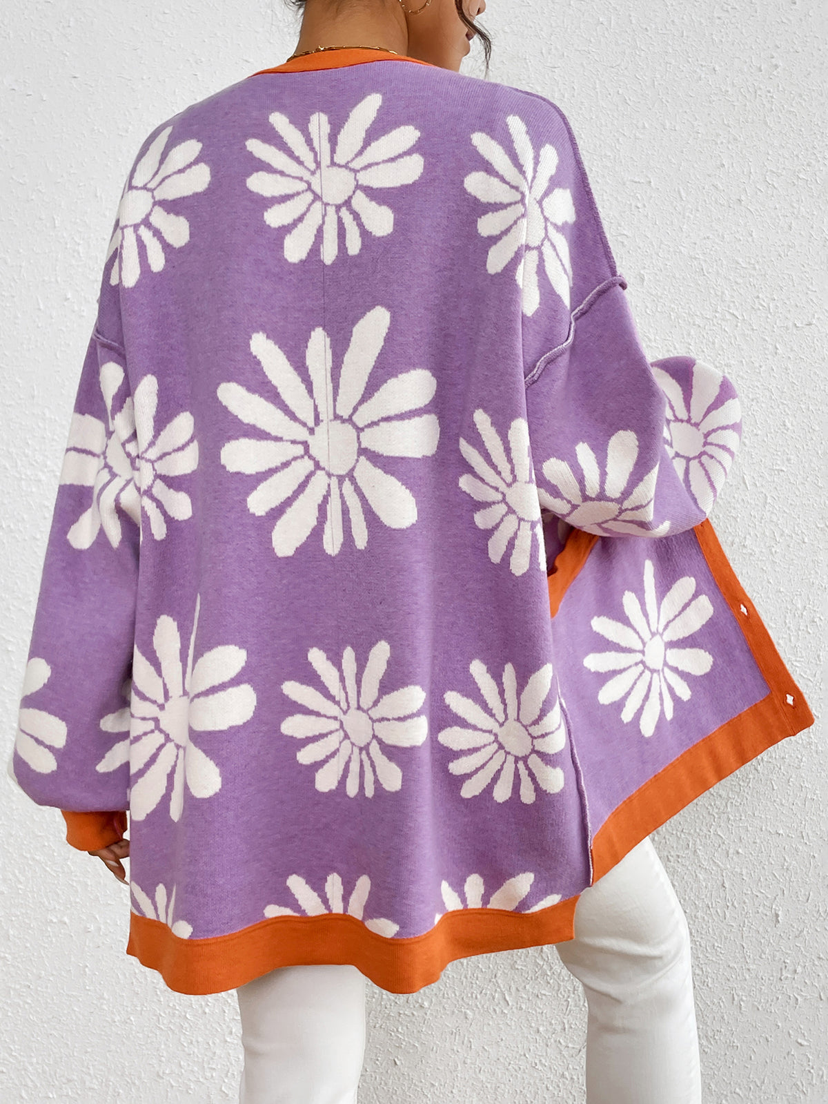 Retro Daisy Jacquard Oversized Cardigan - Purple - 1