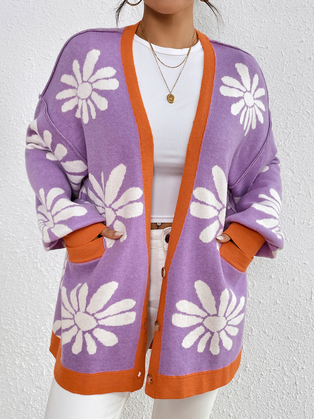 Retro Daisy Jacquard Oversized Cardigan - Purple - 2