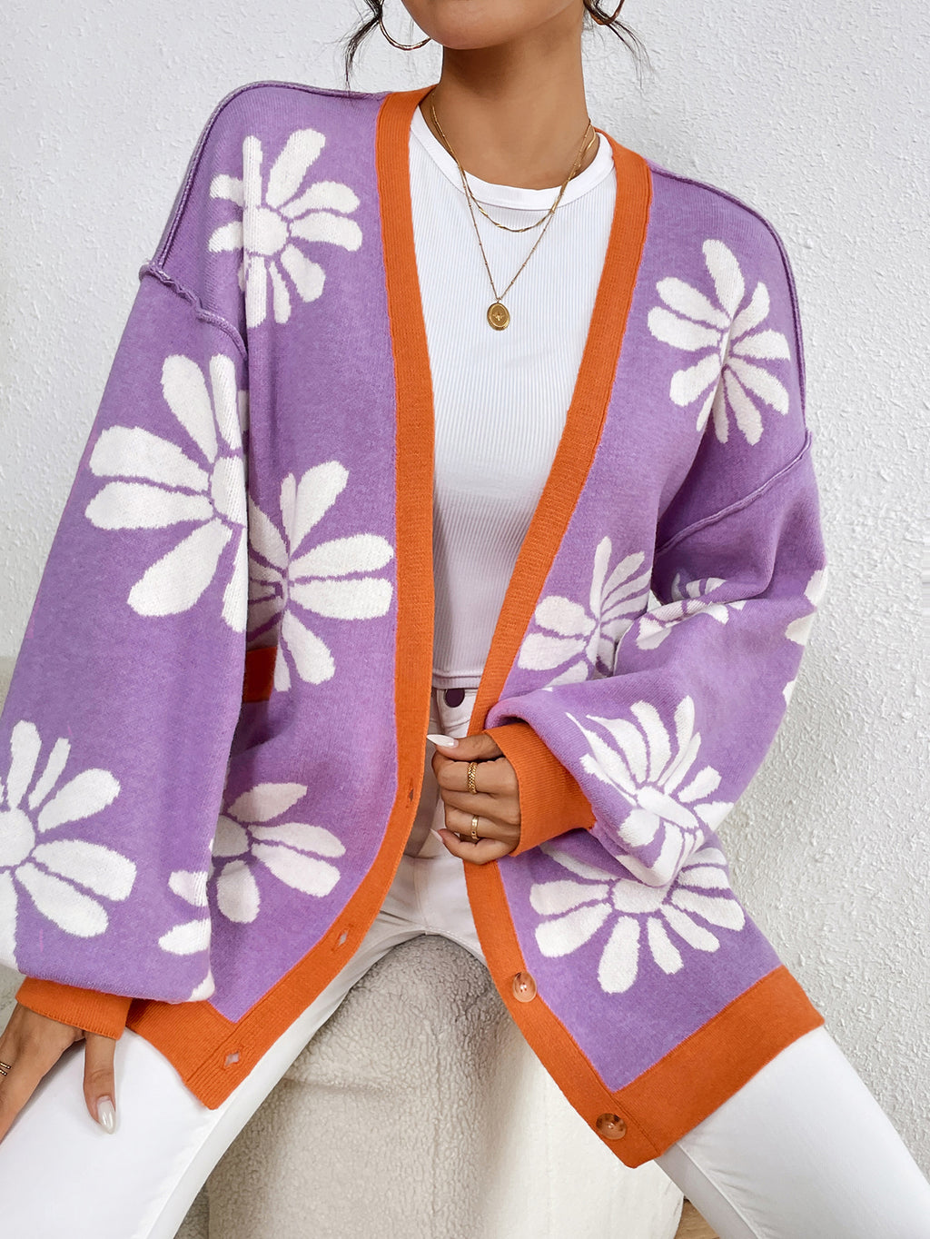 Retro Daisy Jacquard Oversized Cardigan - Purple - 3