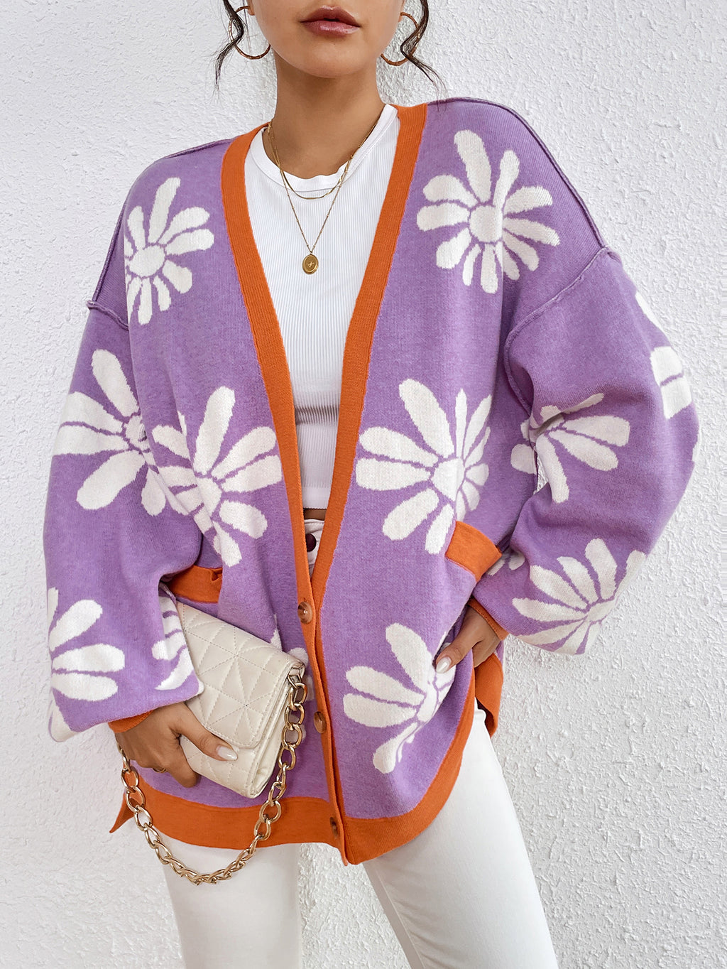 Retro Daisy Jacquard Oversized Cardigan