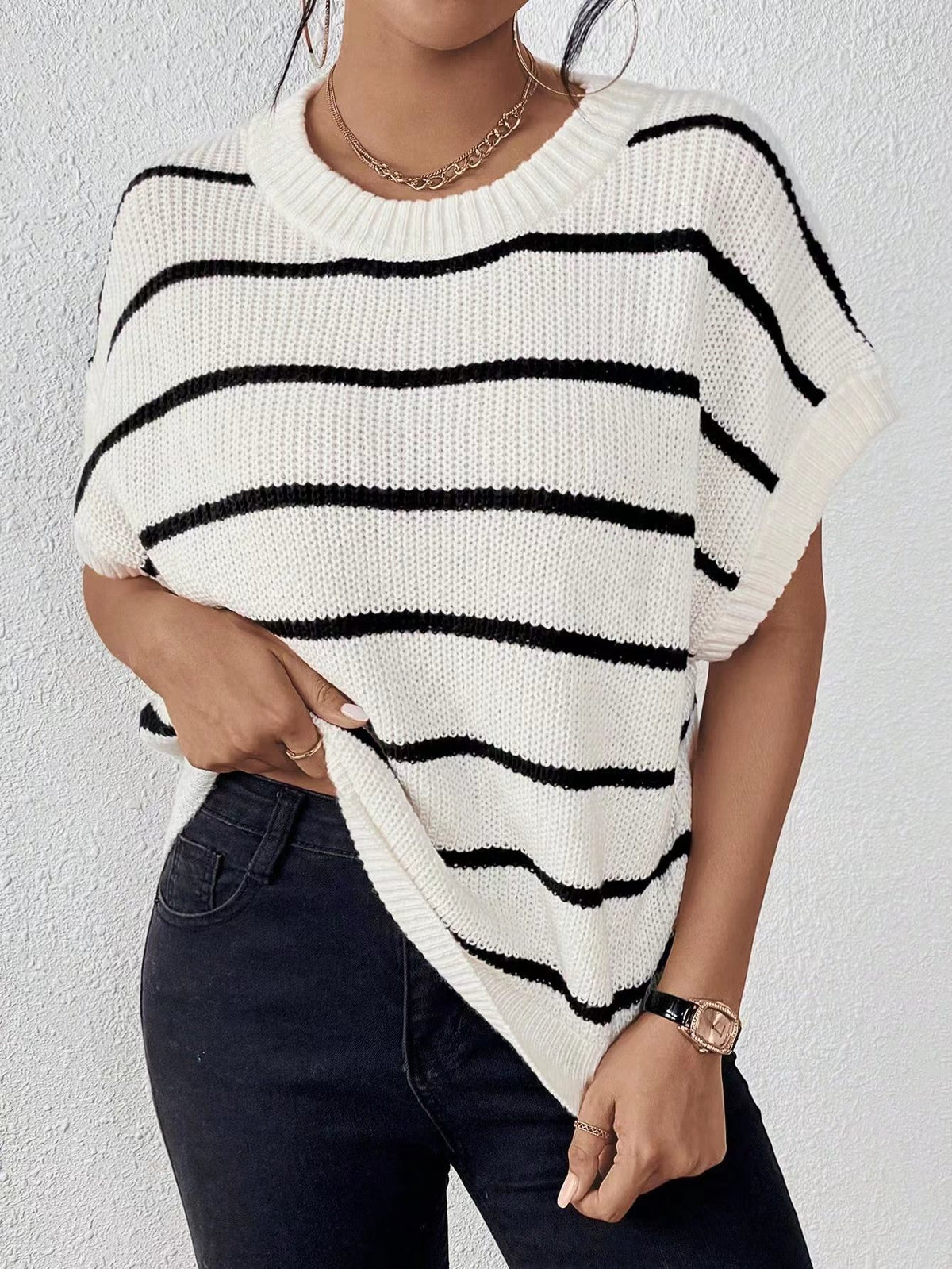Horizontal Stripe Dolman Sleeve Knit Top - view 1