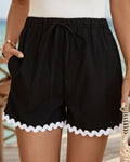 Ric Rac Trim Drawstring Casual Shorts - Black