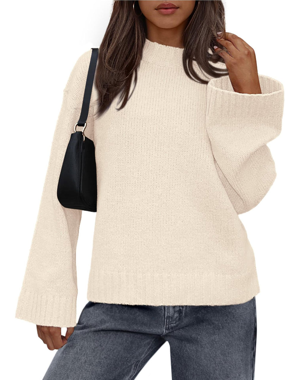 Oversized Drop Shoulder Crewneck Knit Sweater - Beige