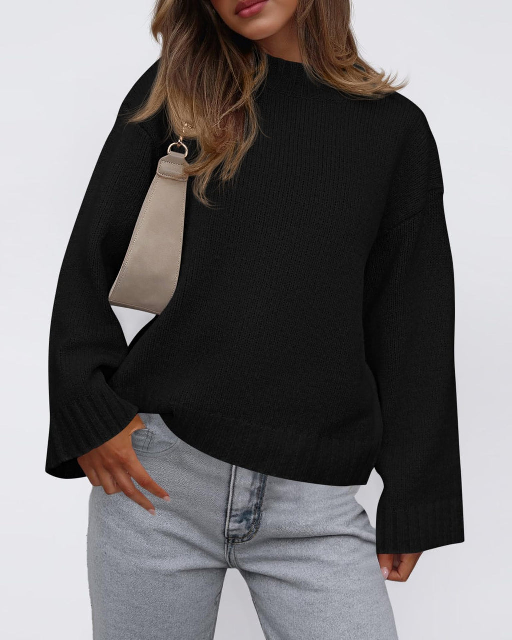 Oversized Drop Shoulder Crewneck Knit Sweater - Black