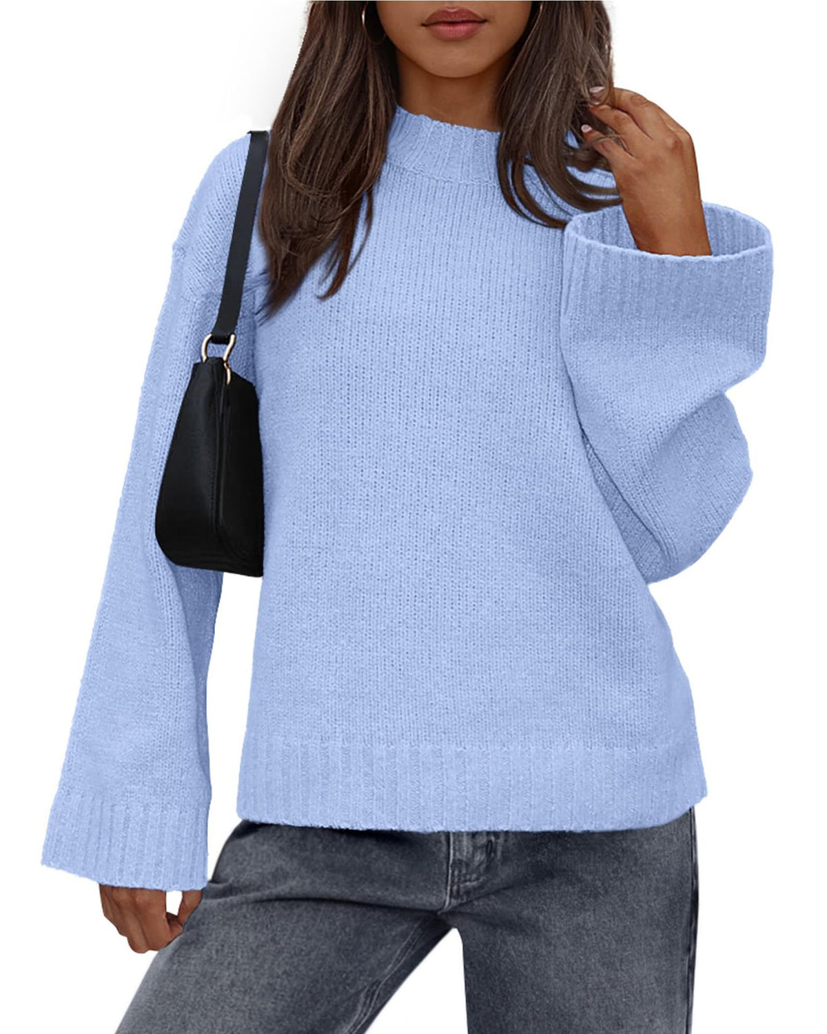 Oversized Drop Shoulder Crewneck Knit Sweater - Blue