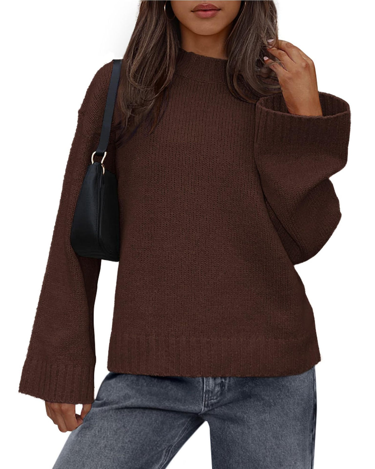 Oversized Drop Shoulder Crewneck Knit Sweater - Brown