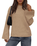 Oversized Drop Shoulder Crewneck Knit Sweater - Khaki