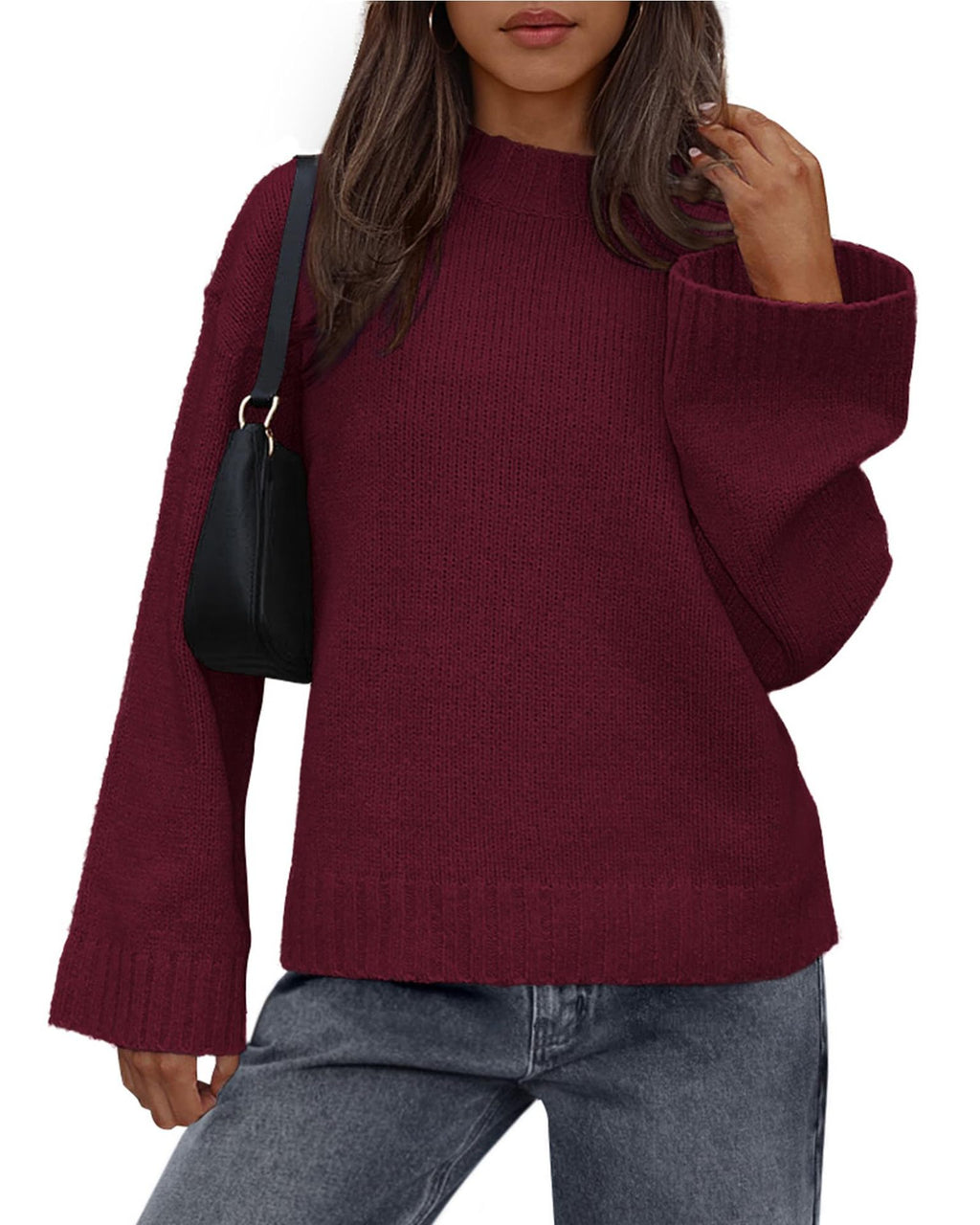 Oversized Drop Shoulder Crewneck Knit Sweater - Red