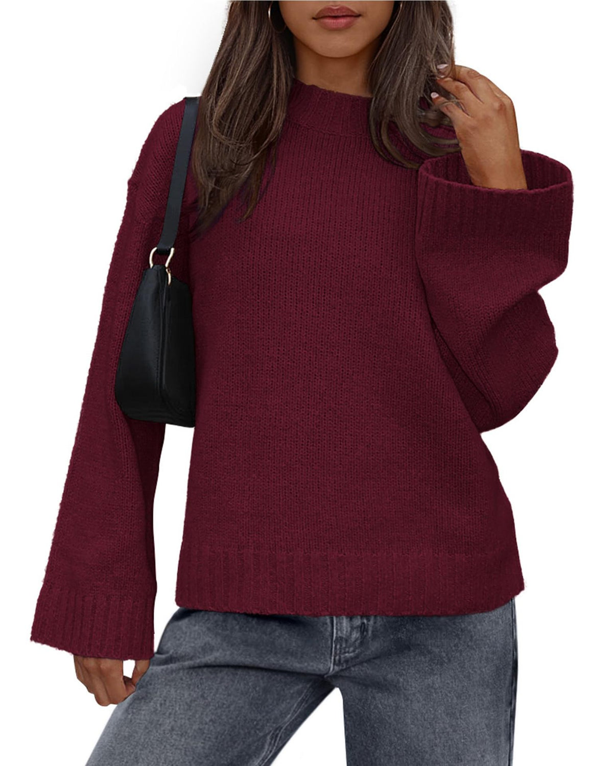 Oversized Drop Shoulder Crewneck Knit Sweater - Red