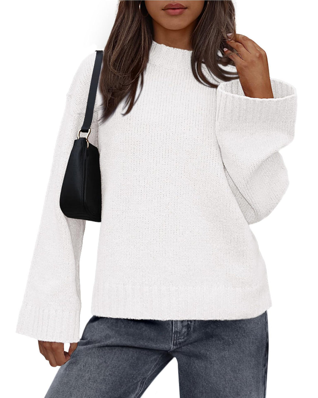 Oversized Drop Shoulder Crewneck Knit Sweater - White