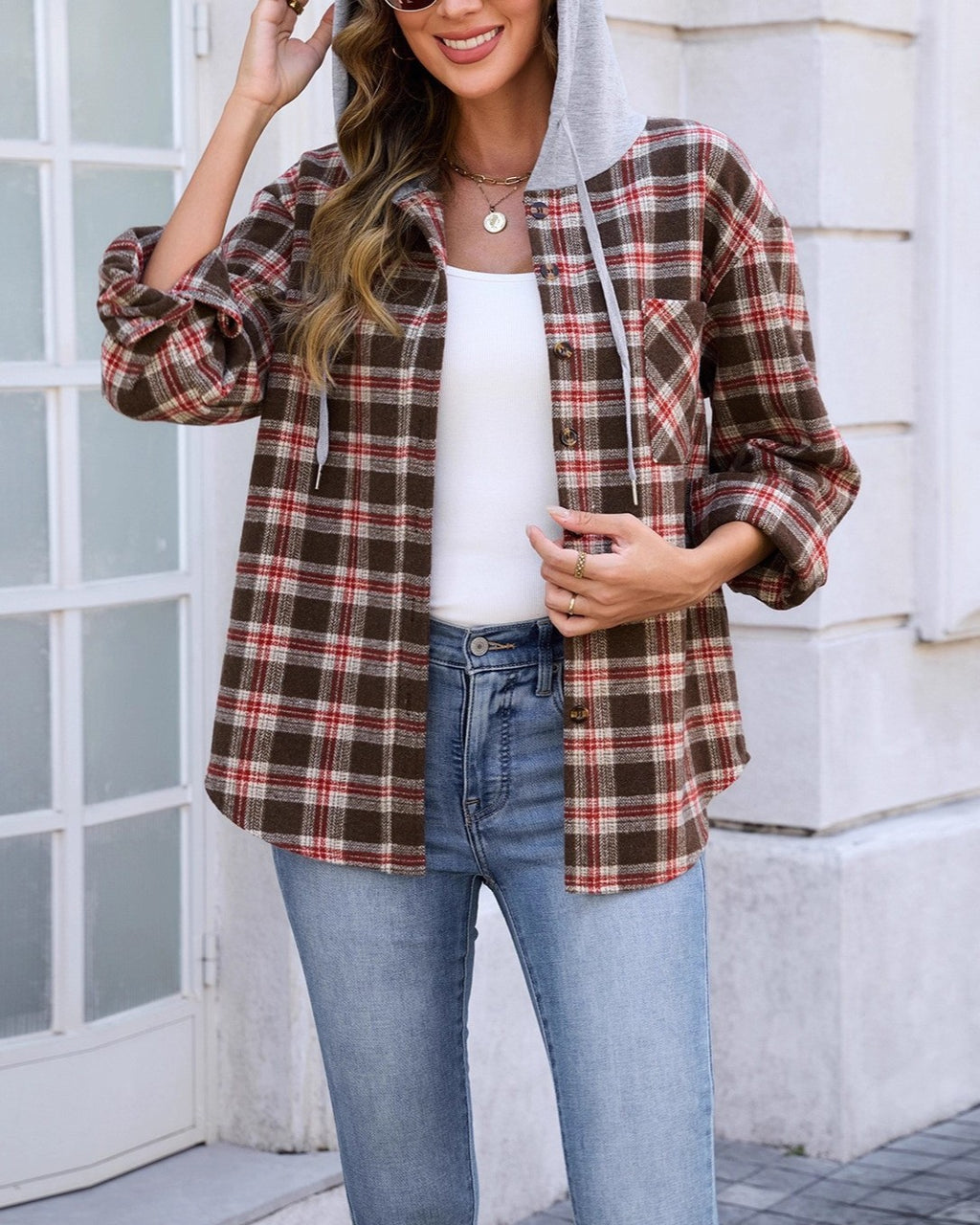 Hooded Plaid Shacket With Button Front - Brown