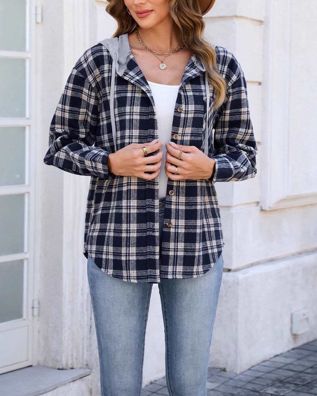 Hooded Plaid Shacket With Button Front - Navy-Blue
