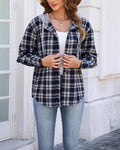Hooded Plaid Shacket With Button Front - Navy-Blue