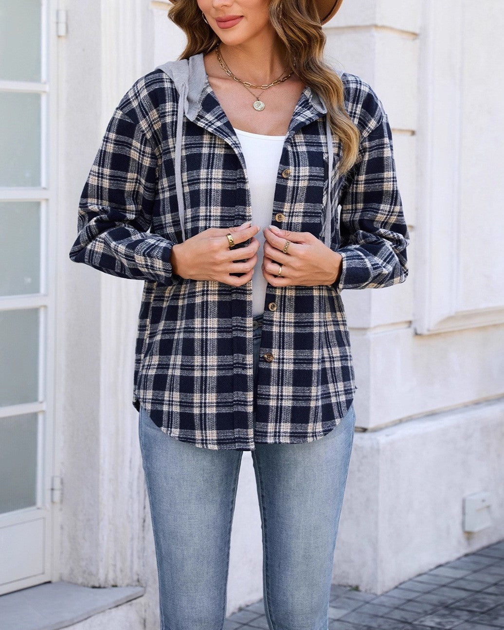 Hooded Plaid Shacket With Button Front - Navy-Blue
