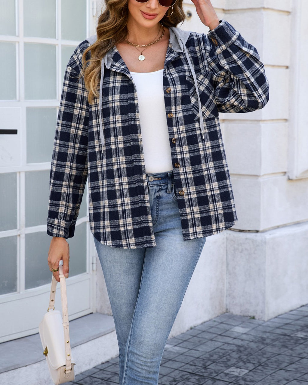 Hooded Plaid Shacket With Button Front - Navy-Blue - 2