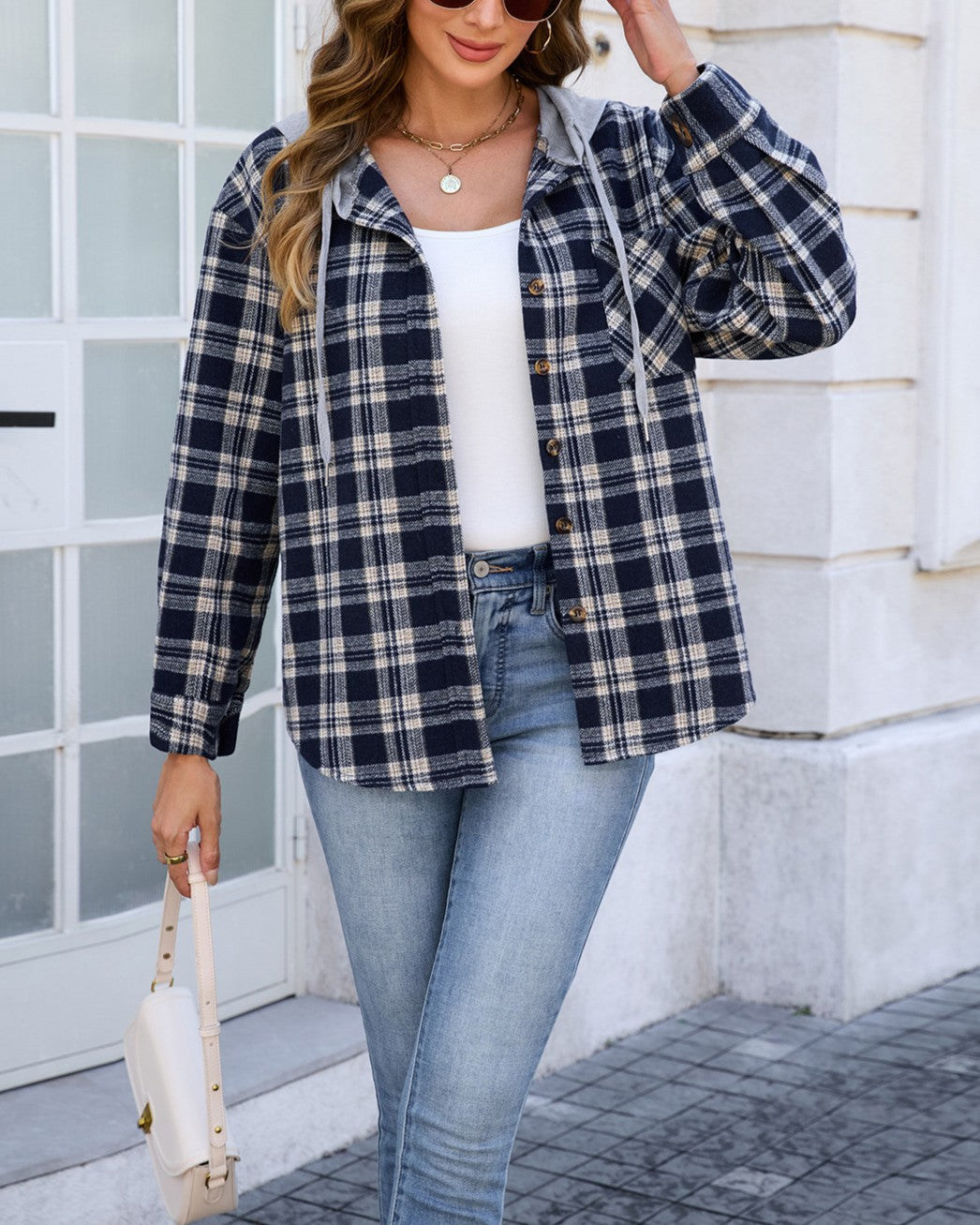 Hooded Plaid Shacket With Button Front - Navy-Blue - 2