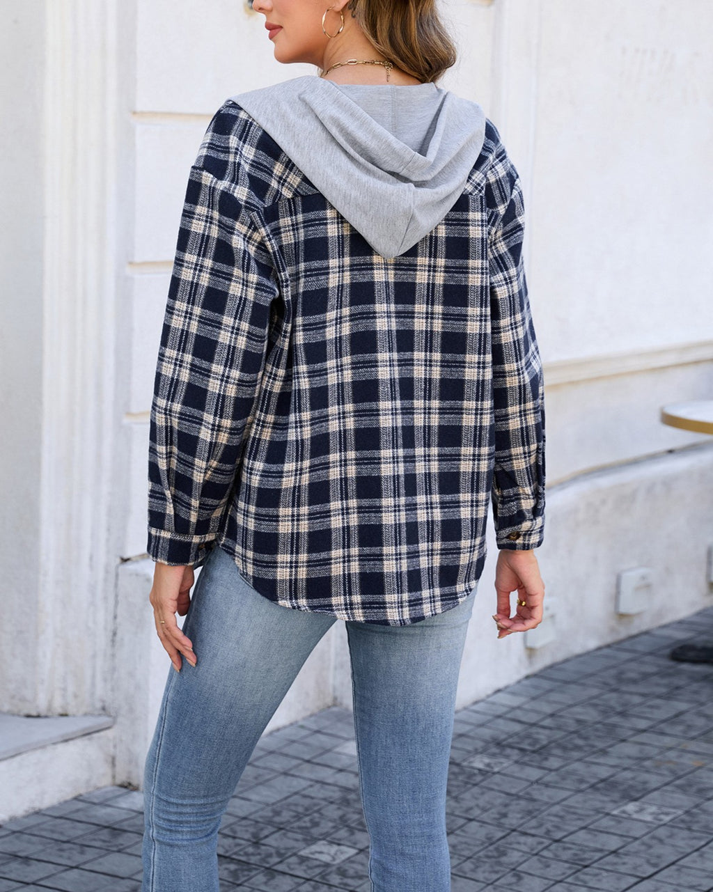 Hooded Plaid Shacket With Button Front - Navy-Blue - 3