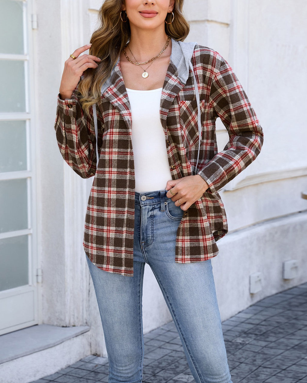 Hooded Plaid Shacket With Button Front - Navy-Blue - 4