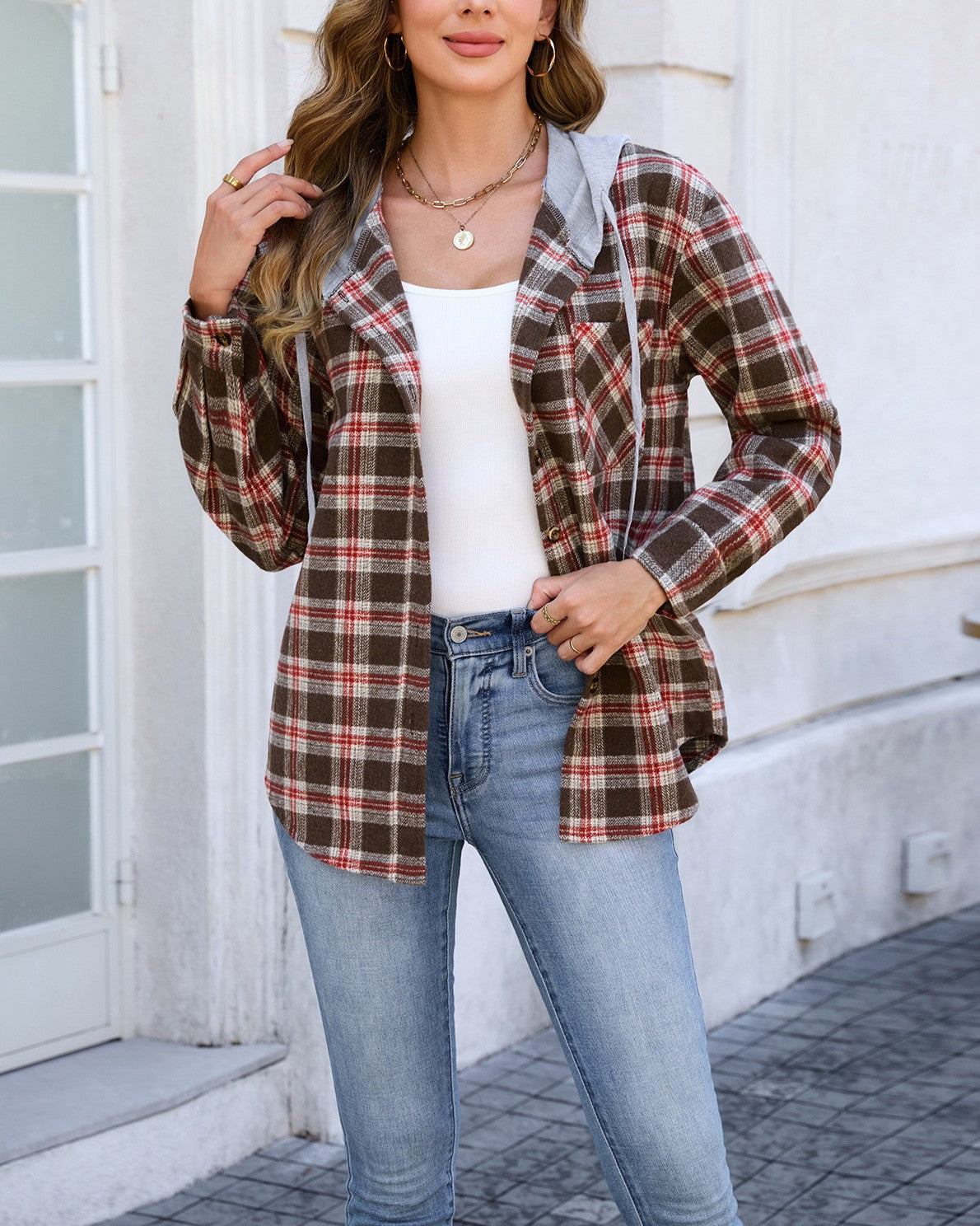 Hooded Plaid Shacket With Button Front - Navy-Blue - 4