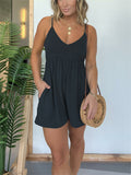 Sleeveless V Neck Babydoll Romper - Black