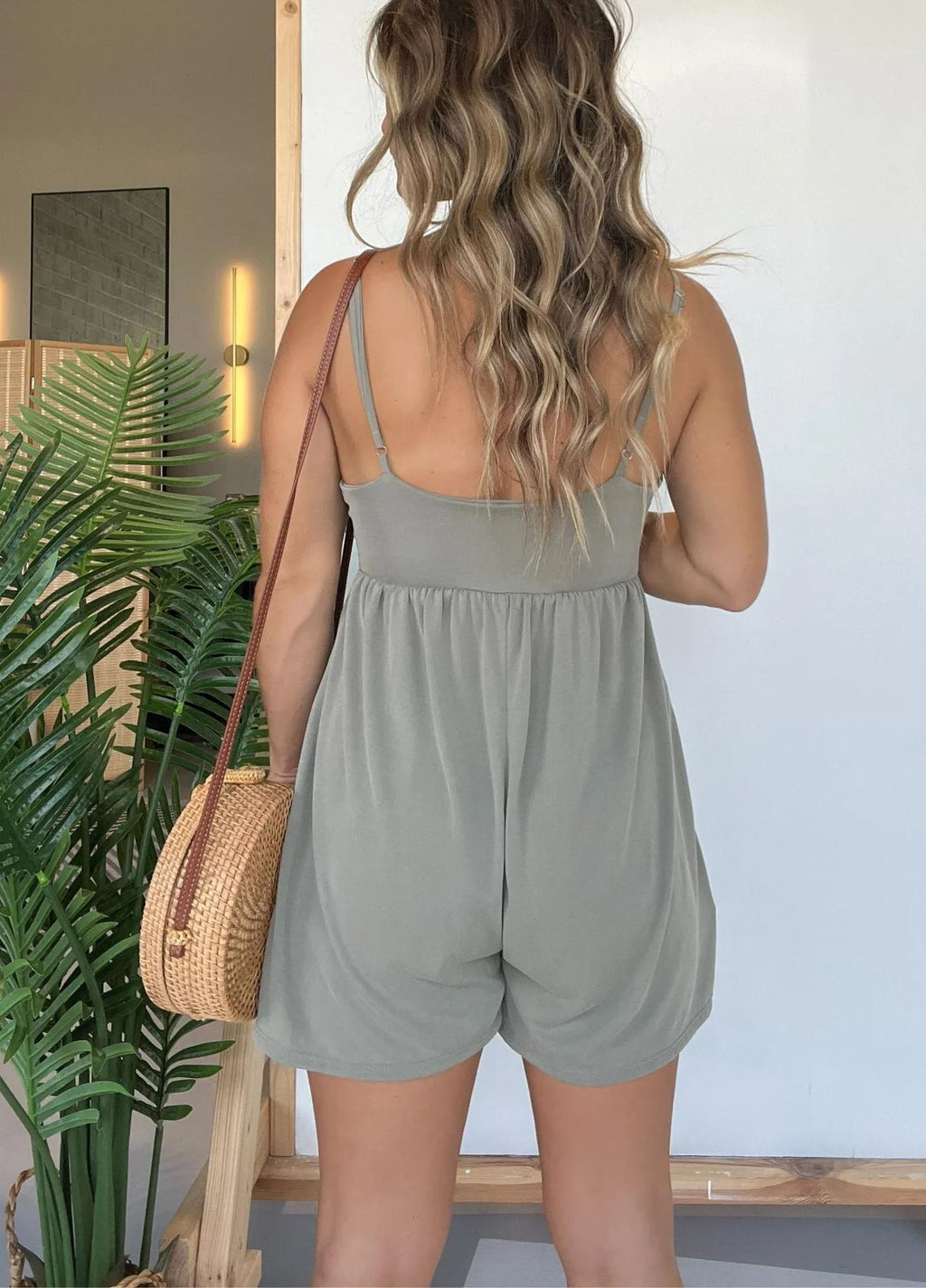 Sleeveless V Neck Babydoll Romper - Grey - 2