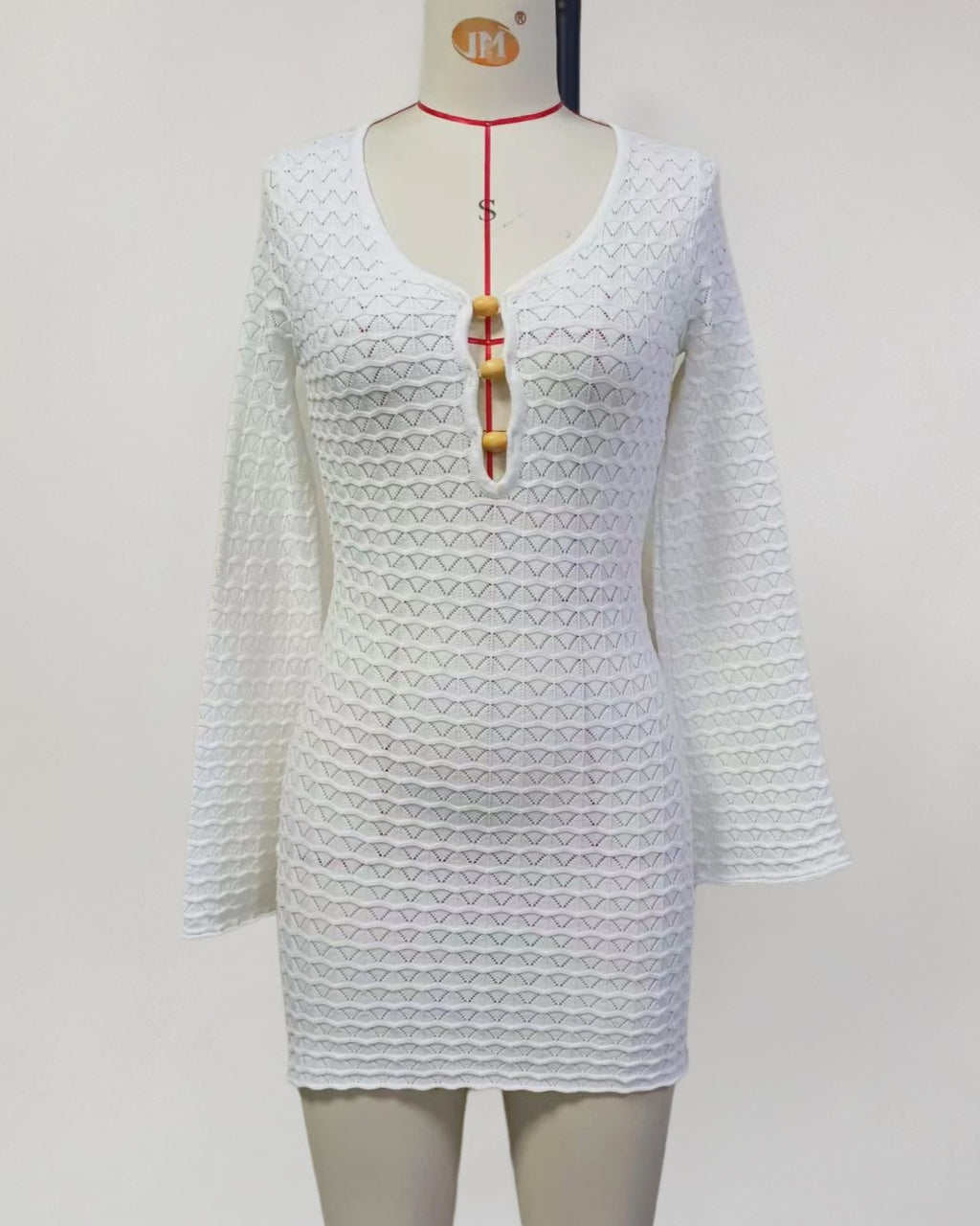 Textured Knit Toggle Front Mini Cover Up - Beige - 1