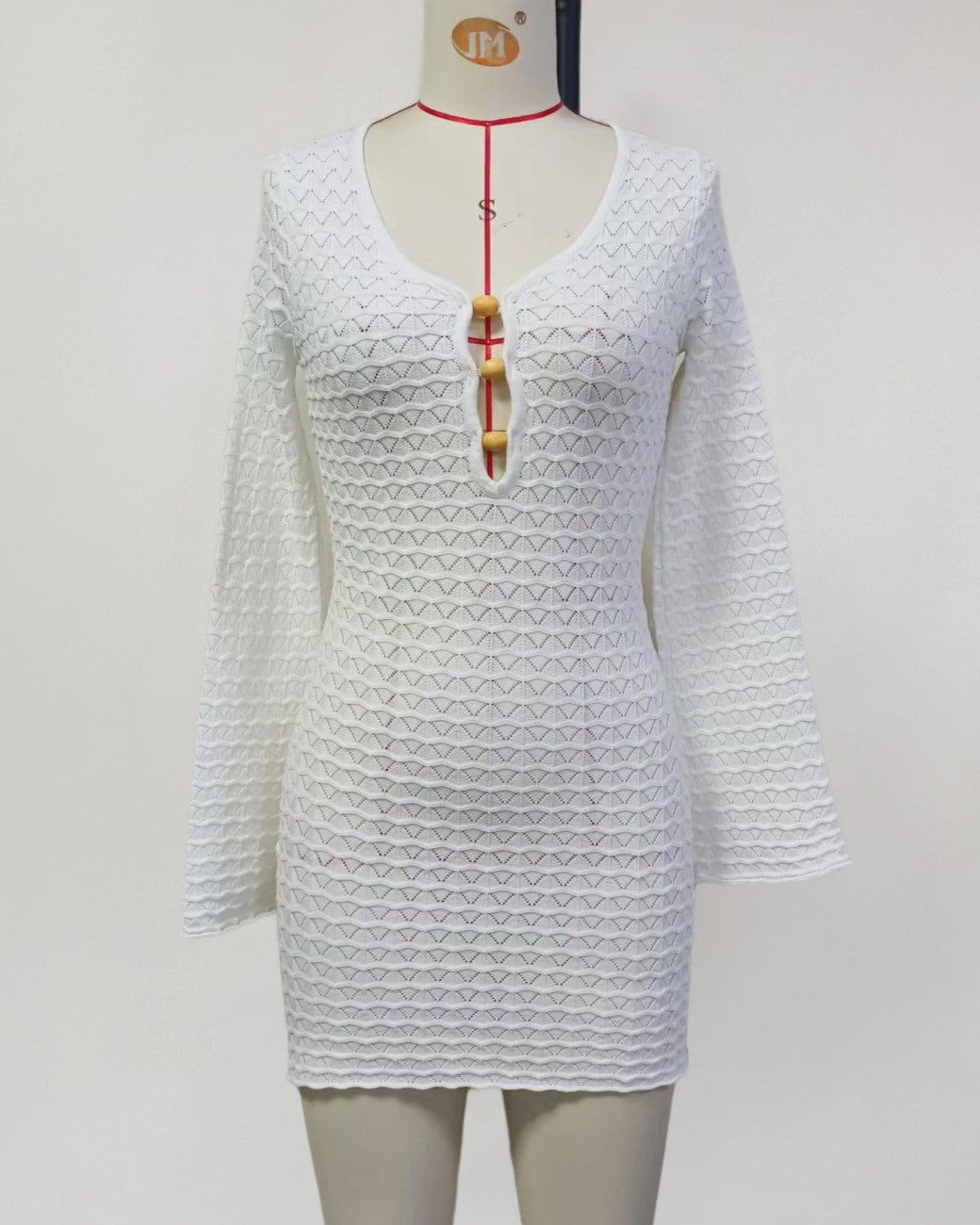 Textured Knit Toggle Front Mini Cover Up - Beige - 1
