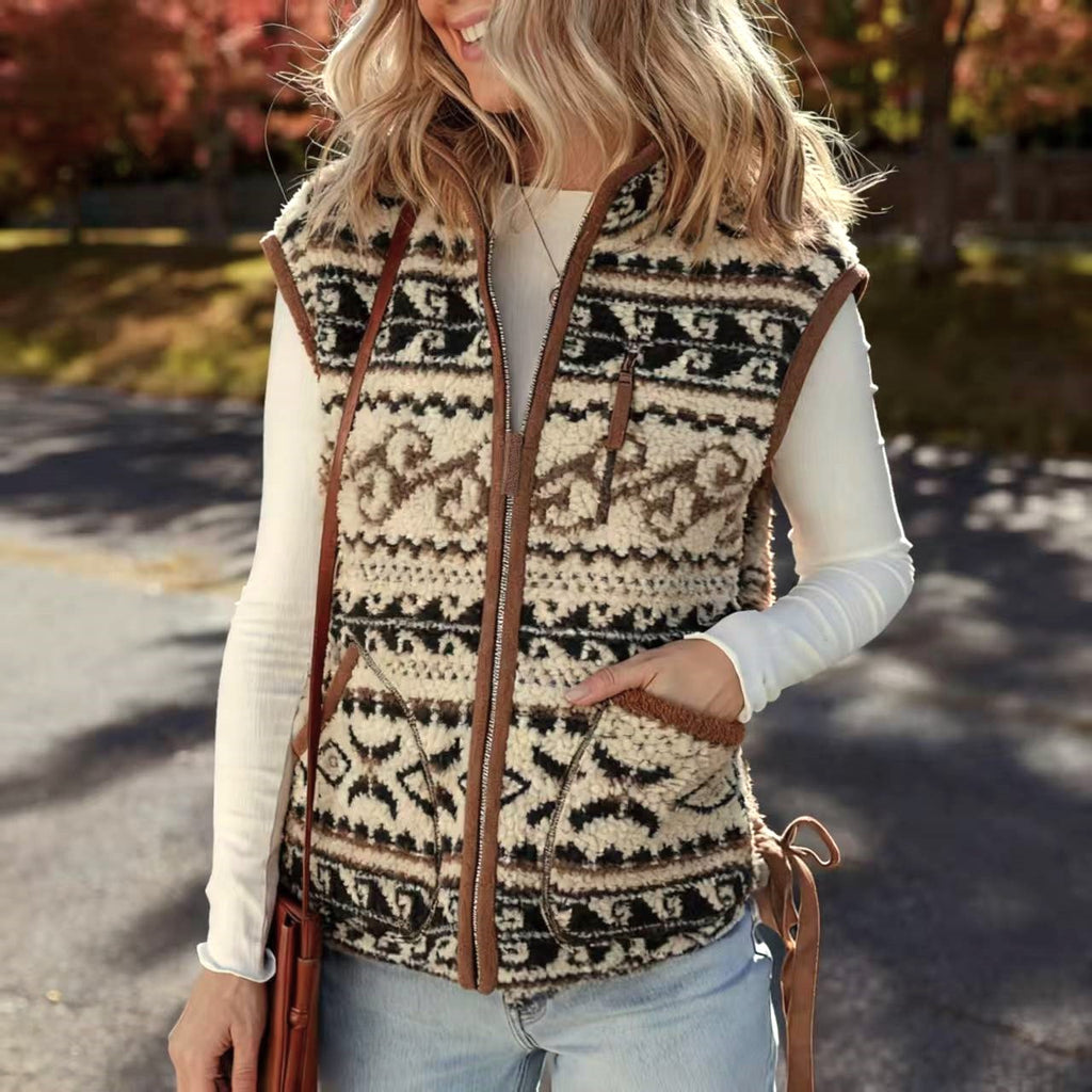 Patterned Sherpa Fleece Zip Up Vest - Color_1