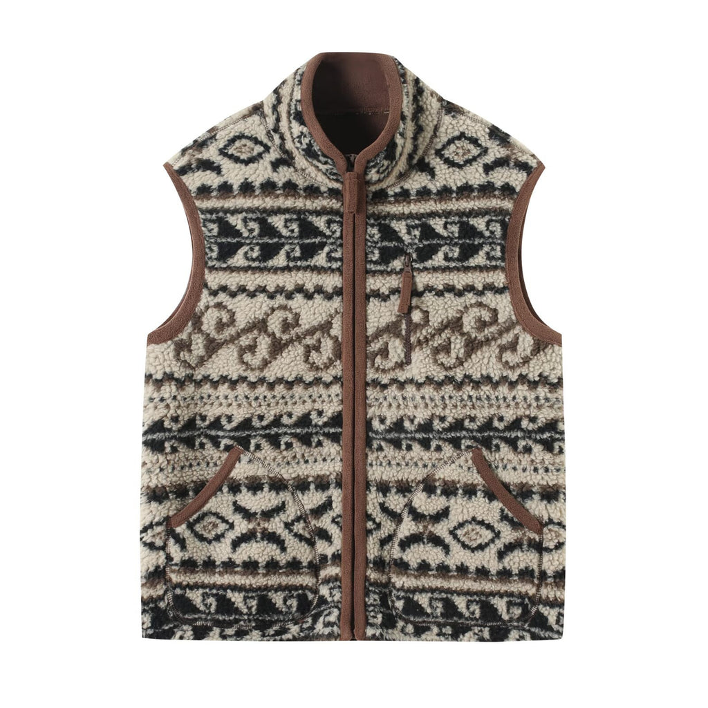 Patterned Sherpa Fleece Zip Up Vest - Color_1 - 1