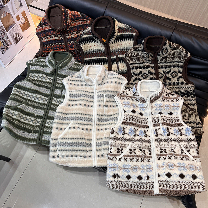 Patterned Sherpa Fleece Zip Up Vest - Color_1 - 3