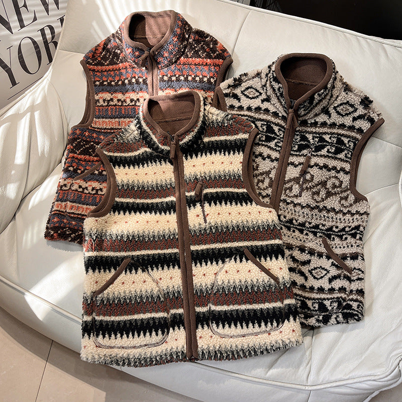 Patterned Sherpa Fleece Zip Up Vest - Color_1 - 4