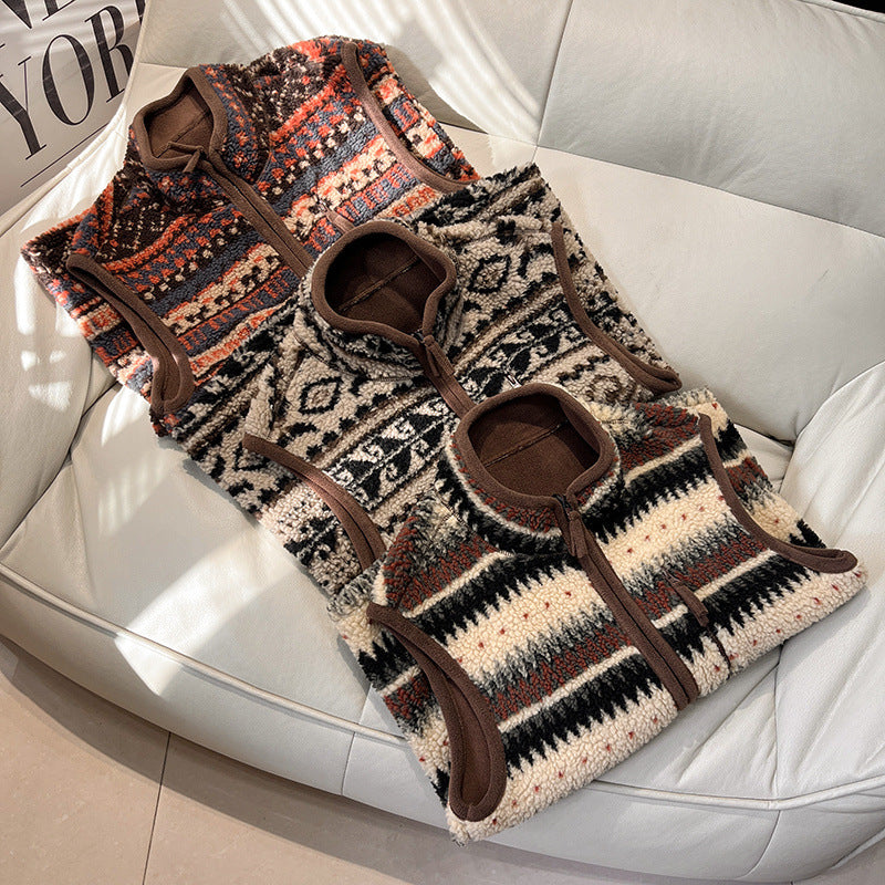 Patterned Sherpa Fleece Zip Up Vest - Color_1 - 5