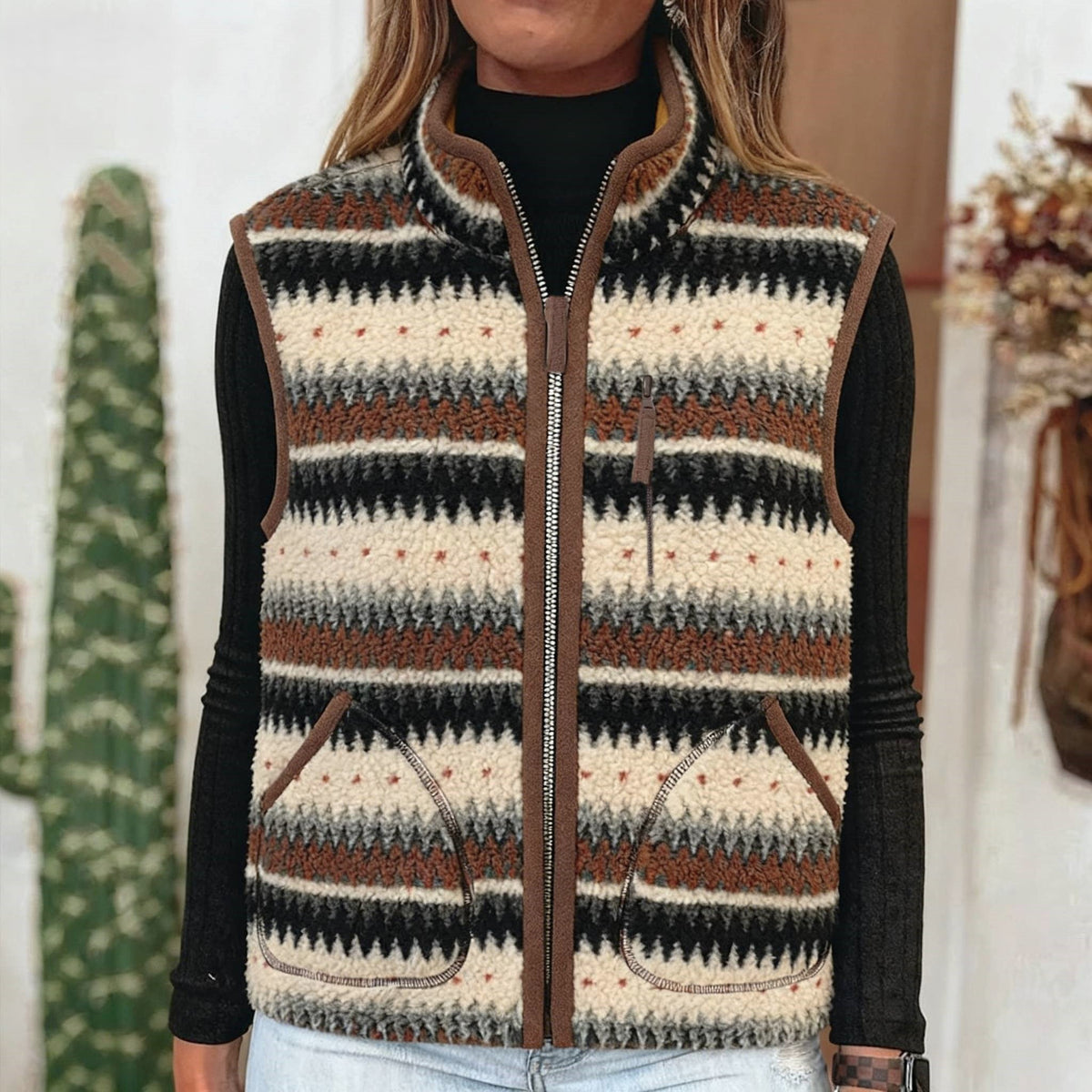 Patterned Sherpa Fleece Zip Up Vest - Color_3 - 2